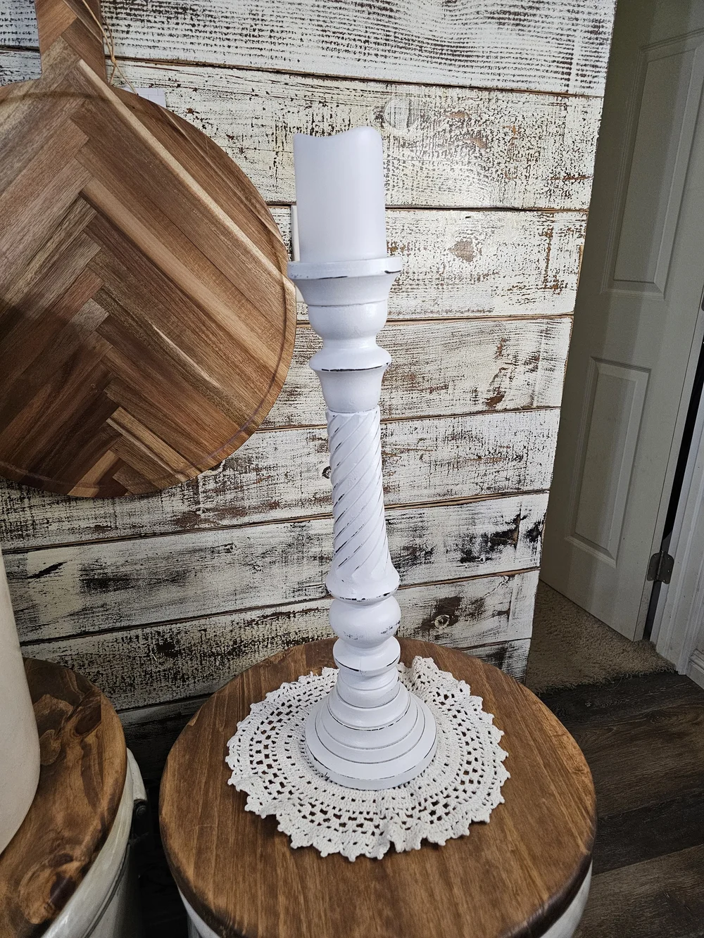 Tall Rustic/Farmhouse White Distressed Wooden Candle Holder